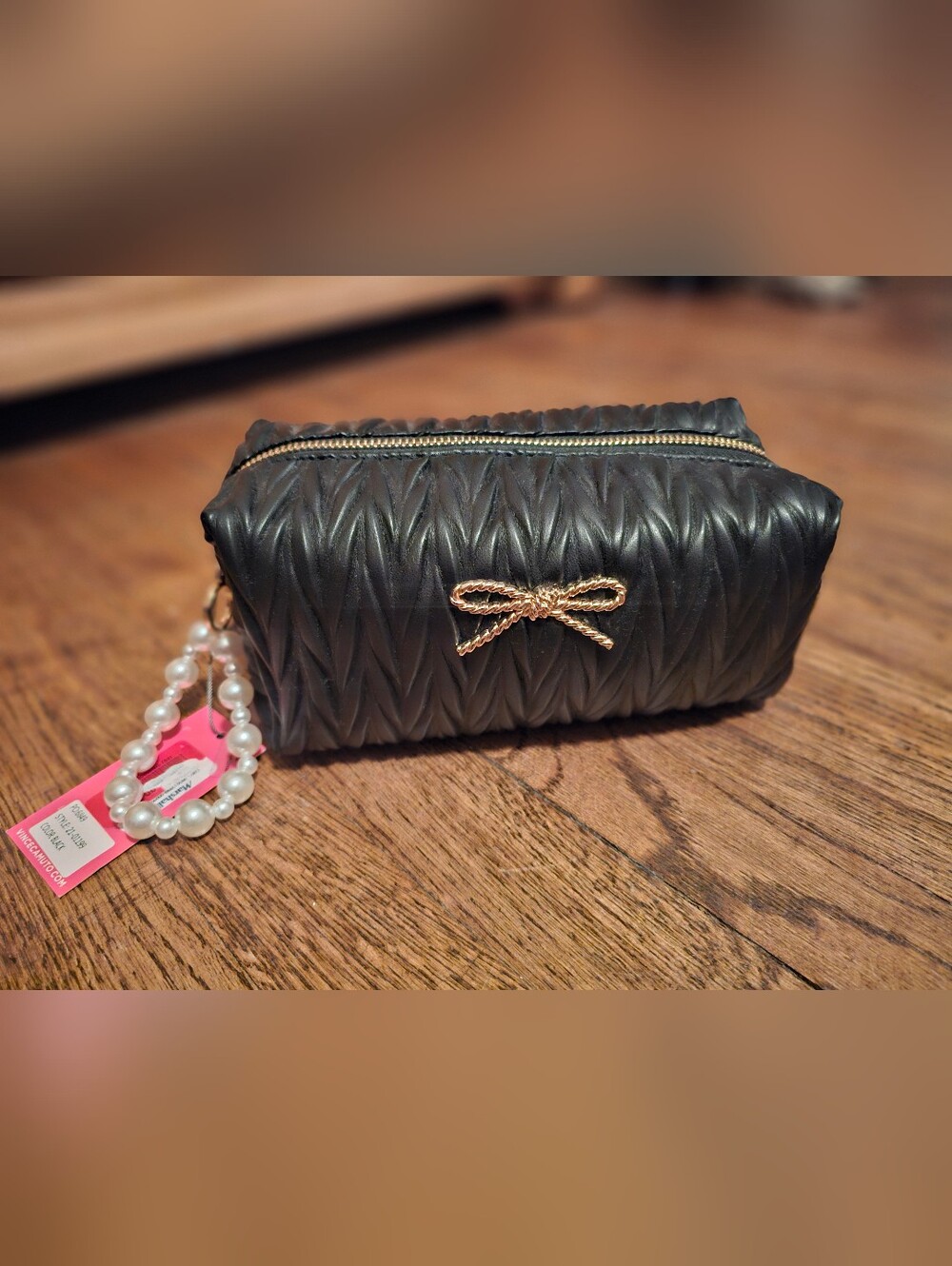 Vince Camuto Black Quilted Cosmetic Case with Gold Bow Accent